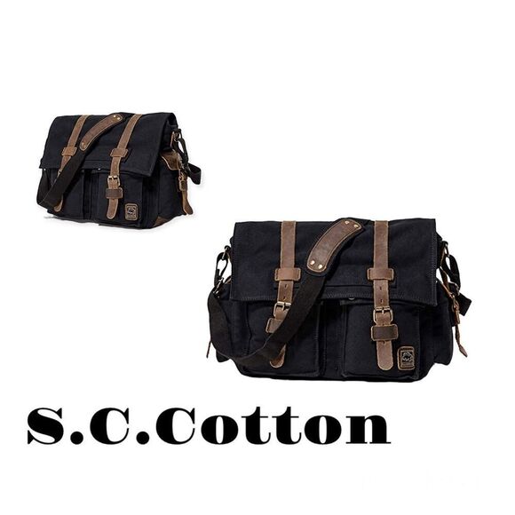 SC COTTON Messenger canvas leather backpack bag - Picture 1 of 8